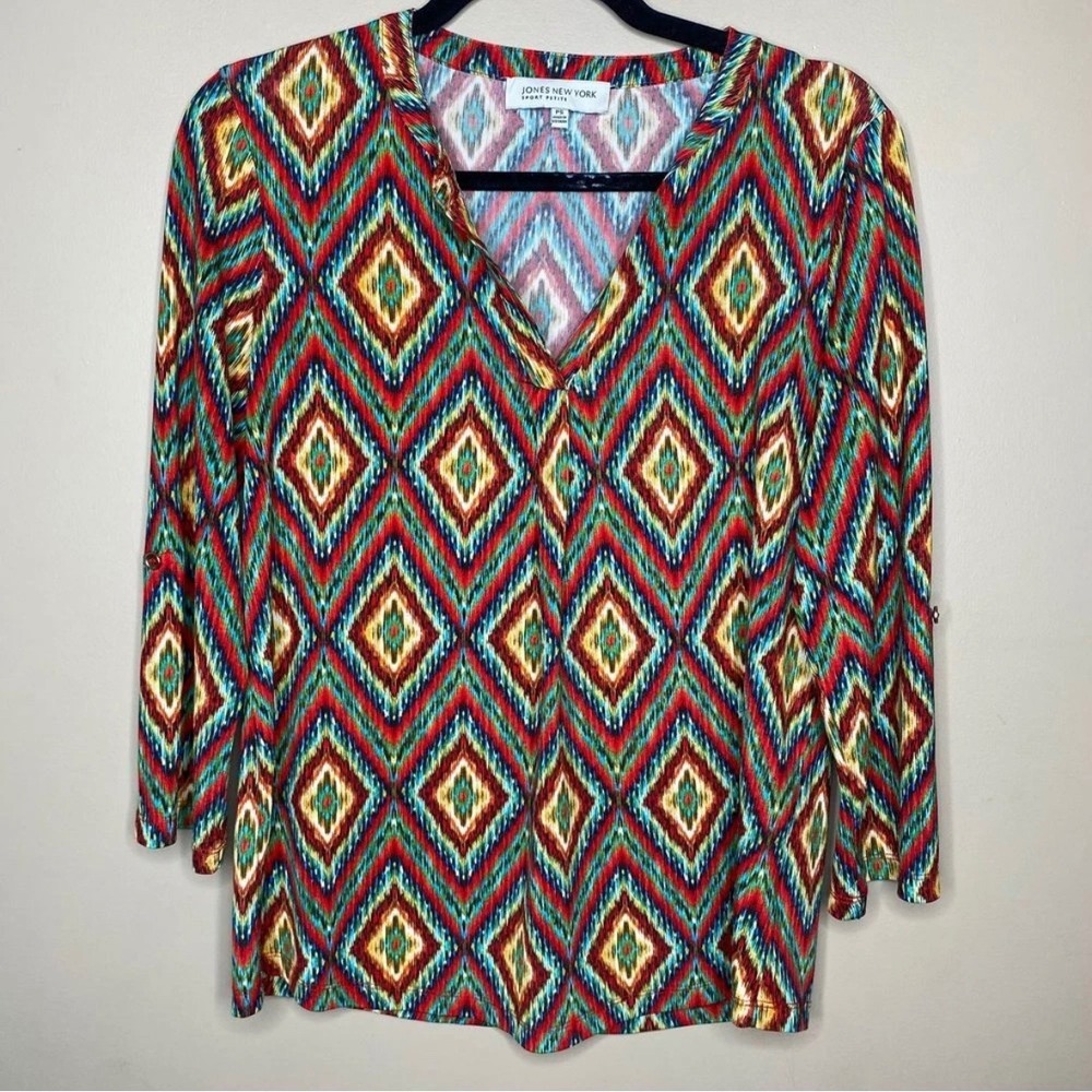 Jones New York Sport Small Petite Top Ikat Diamond Roll-Tab Aztec